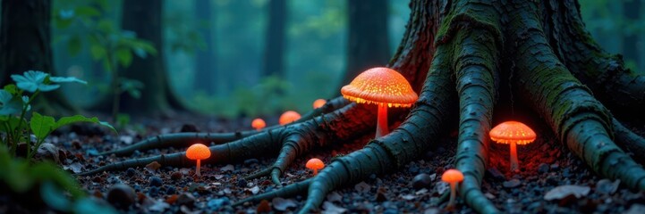 Ancient tree roots with glowing fungi, forest floor, mystical