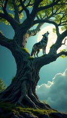 Ancient, gnarled tree with a majestic wolf perched on its branches, let out a haunting howl, forest canopy, woods