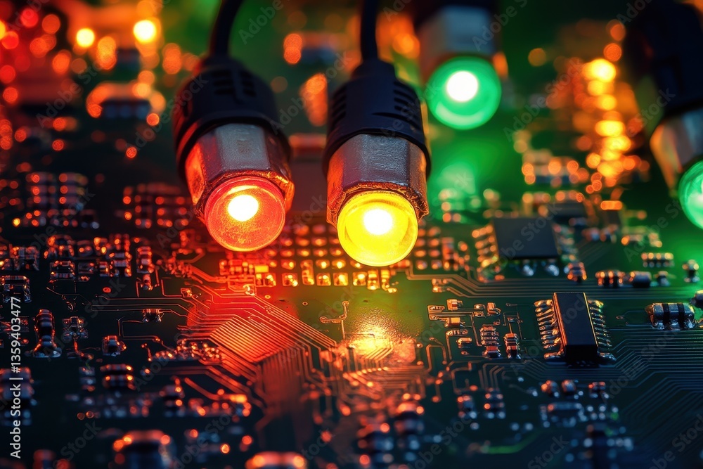 Poster close-up of a computer circuit board with glowing led lights. illustrates technology, data, internet