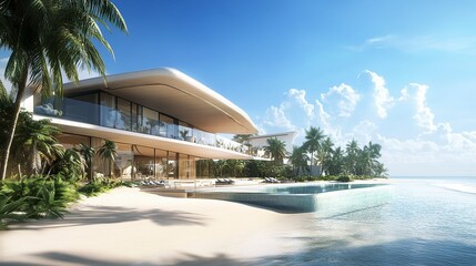 Beachfront estate featuring cutting-edge architecture, sprawling pool blending into the horizon, white sandy beach below, tropical landscaping, side-angle view, tranquil elegance.  