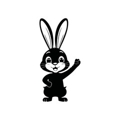 A black and white vector silhouette of a rabbit with a tiny Easter chick sitting on its back on a white background.