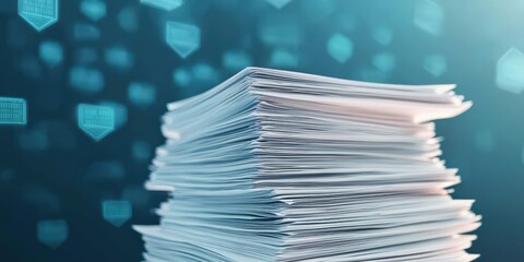 Income Tax government system concept. Stack of papers with digital icons in the background.