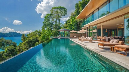 Fototapeta premium Beachfront villa with a sprawling infinity pool, glass facades reflecting golden sunlight, tropical greenery surrounding the property, eye-level view, serene and elegant 