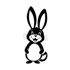 A black and white vector silhouette of a rabbit sitting in an Easter basket filled with decorated eggs on a white background