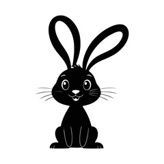 A black and white vector silhouette of a rabbit inside a cracked Easter egg, popping out with joy on a white background