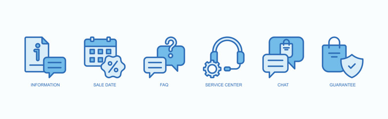 Info And Support Icon Set Isolated Vector Illustration Concept With Icon Of Information, Sale Date, Faq, Service Center, Chat, Guarantee In Blue Style