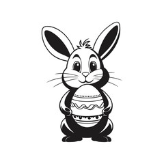 A simple black and white vector illustration of a bunny sitting while gently holding an Easter egg on a clean white background