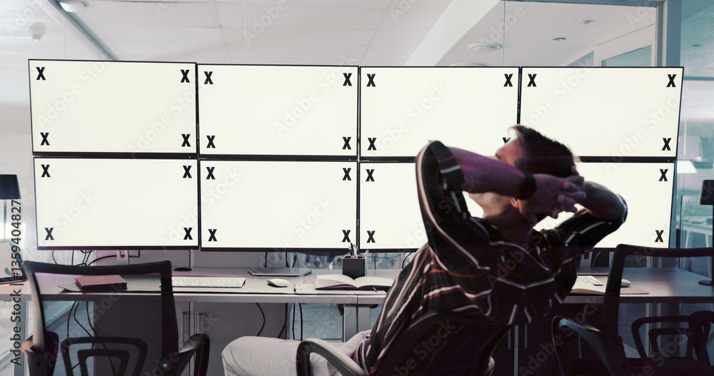 Poster Relax, man or space on screen in finance control room for trading, web or stock market prices in night. Break, tracking markers or trader on computer with back, mockup or technology in data center