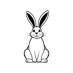 A black and white vector silhouette of a happy rabbit holding a decorated Easter egg on a white background