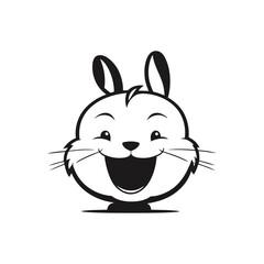 A simple black and white vector illustration of a bunny peeking out from behind an Easter egg on a clean white background