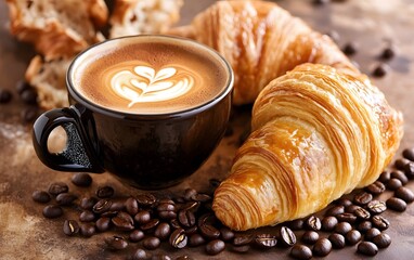Delicious Latte Art Coffee with Croissants and Coffee Beans