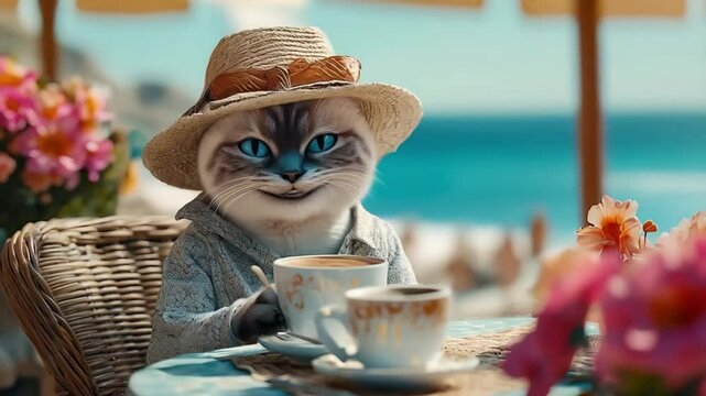 Cute cat video, smiling feline in a straw hat enjoying tea by the beach, sunny day,