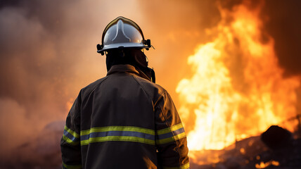 Naklejka premium one firefighter, a man on fire, a view from the back, against the background of a burning fire in a fire, fiction, computer graphics