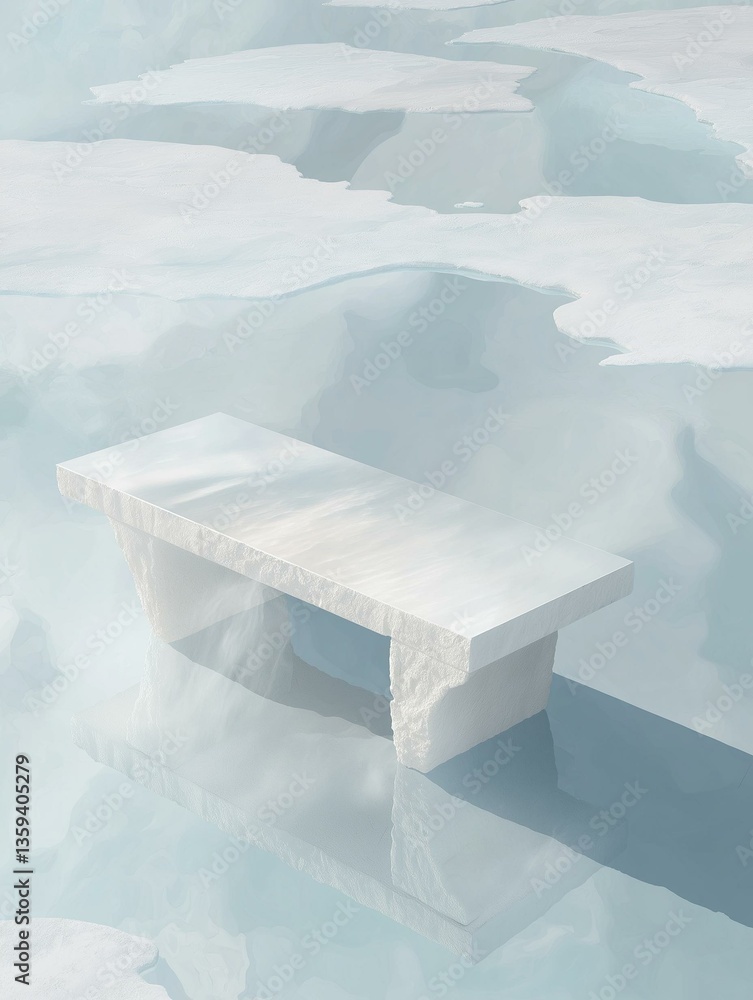 Poster digital illustration of a white bench floating on top of a body of water. the bench appears to be ma