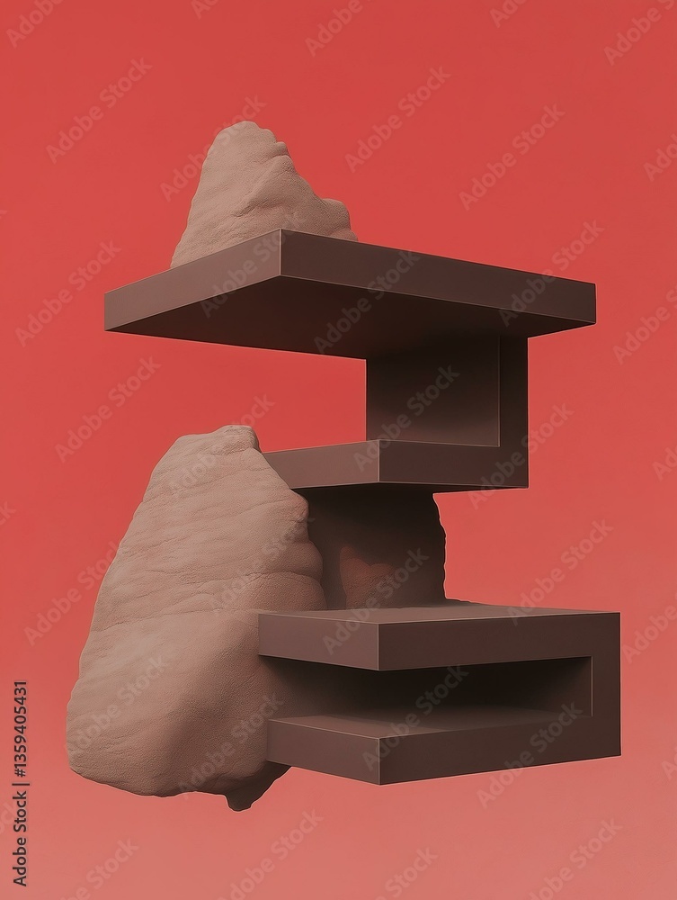 Poster 3d rendering of three shelves stacked on top of each other. the shelves are made of a dark brown mat
