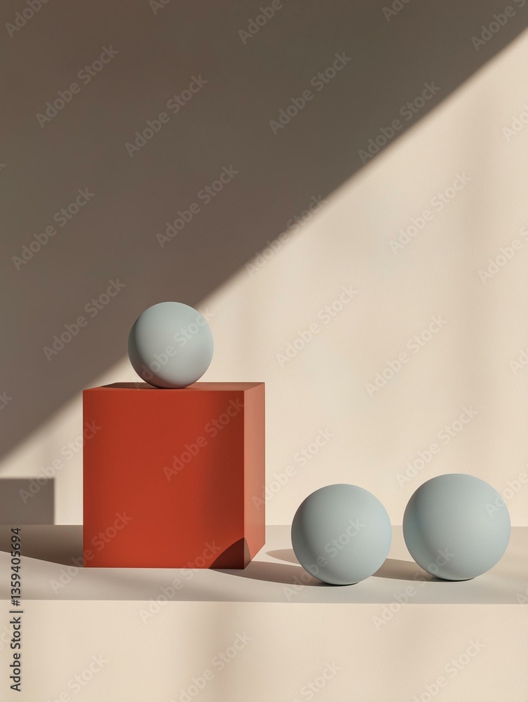 Poster three spheres on a white surface with a beige background. on the left side of the image, there is a 