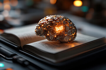 An artistic mixed-media collage of a brain made from digital textures, gears rotating within, an open book with glowing knowledge icons, and a lightbulb radiating innovation