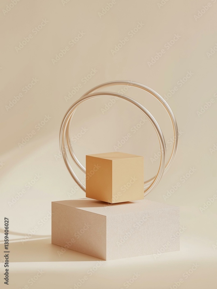 Poster minimalistic composition with a beige background. in the center of the image, there is a small squar