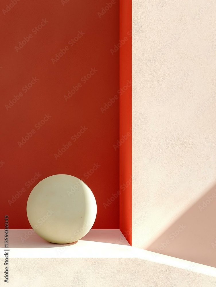 Poster white sphere sitting on a white surface in front of a red wall. the wall is painted in a gradient of