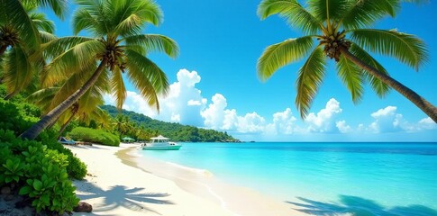 Tropical paradise with coconut palm trees, clear blue sky, and turquoise ocean waters, ocean, coconut palm, relaxation