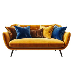 Mustard Yellow Velvet Sofa with Blue and Gold Pillows Modern Living Room Furniture