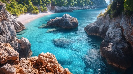 A secluded crescent-shaped bay with turquoise waters gently lapping against rugged rocky outcrops.