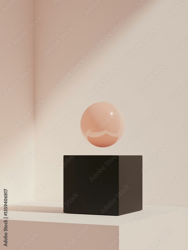 Poster black cube on a white surface with a pink wall in the background. on top of the cube, there is a pin