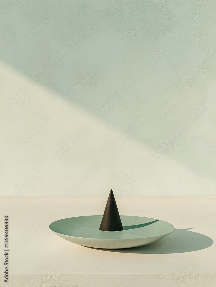 Aufkleber small black cone-shaped object on a light green plate. the cone is placed on a white surface with a 
