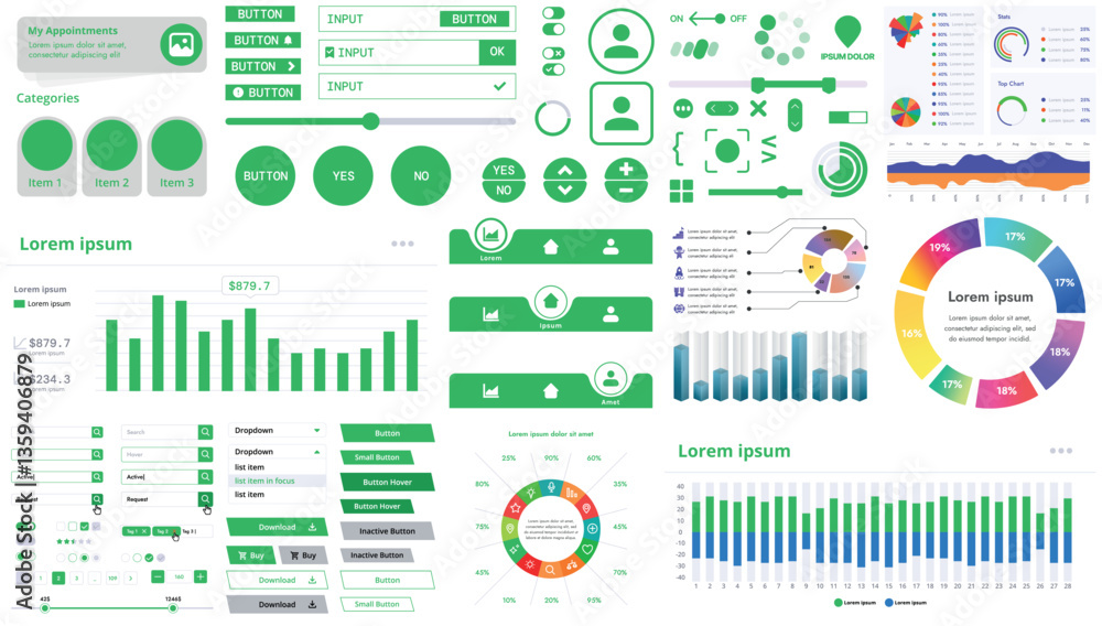 Poster a set of interface elements for apps and websites with a modern design: buttons, menus, charts, and 