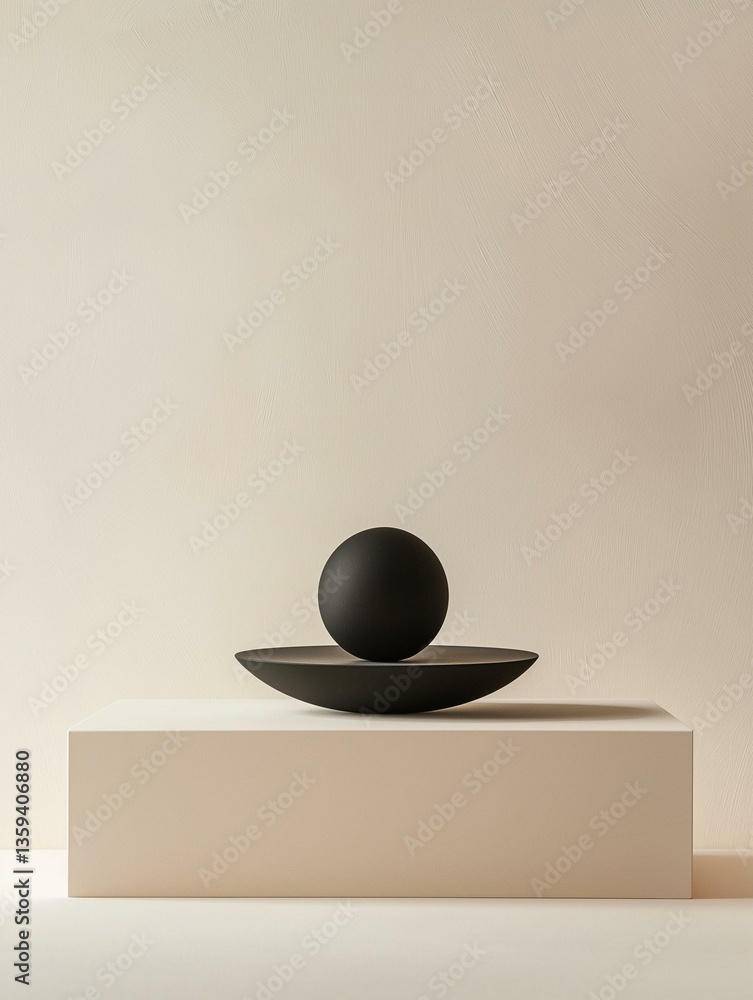 Poster black sphere sitting on top of a white pedestal. the pedestal is rectangular in shape and has a smoo