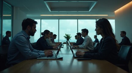 Group Of People Working In Open Space Office Endless Collaboration With AI Office Cubicles High Tech Environment.