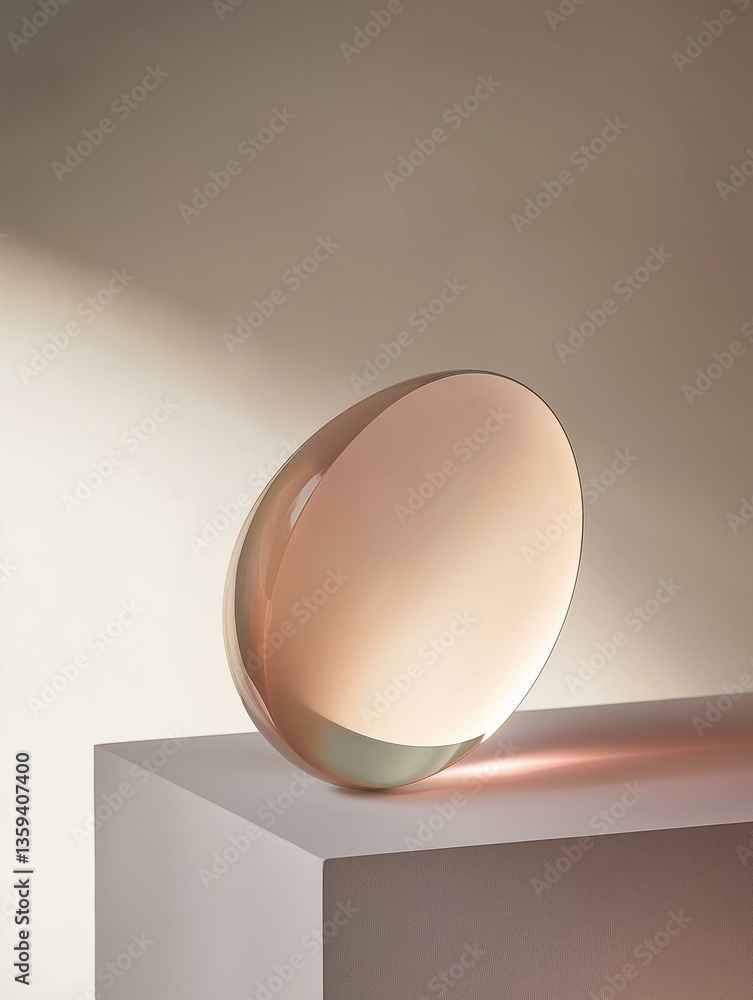 Poster spherical object on a white pedestal. the object appears to be made of glass or a similar material, 