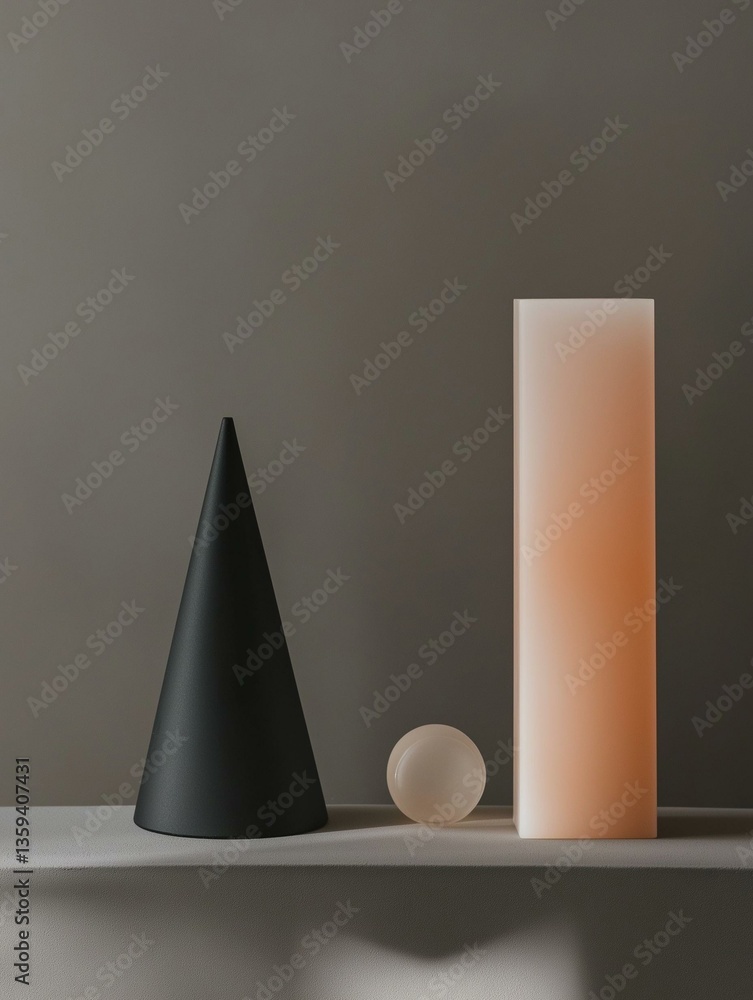 Poster three objects on a grey surface. on the left side, there is a black cone-shaped object, which appear