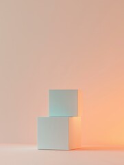 Minimalistic illustration of three cubes stacked on top of each other. the cubes are white and light blue in color, with the top cube being slightly larger than the bottom one.