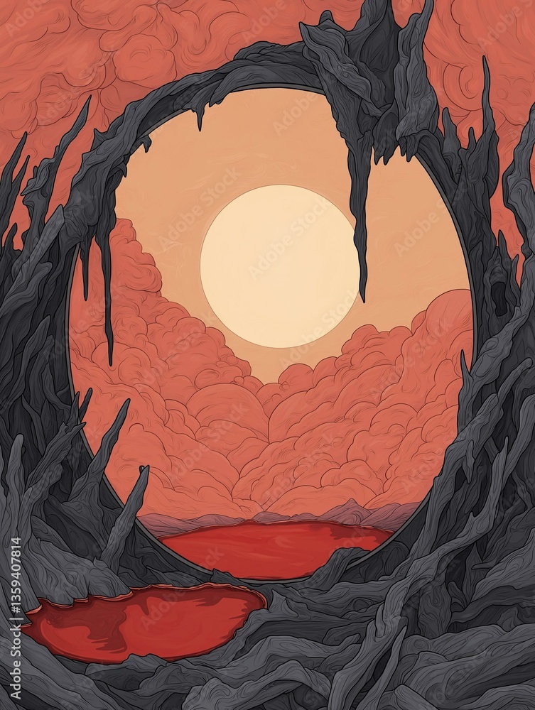 Poster illustration of a cave entrance with a large hole in the center. the cave entrance is made up of two
