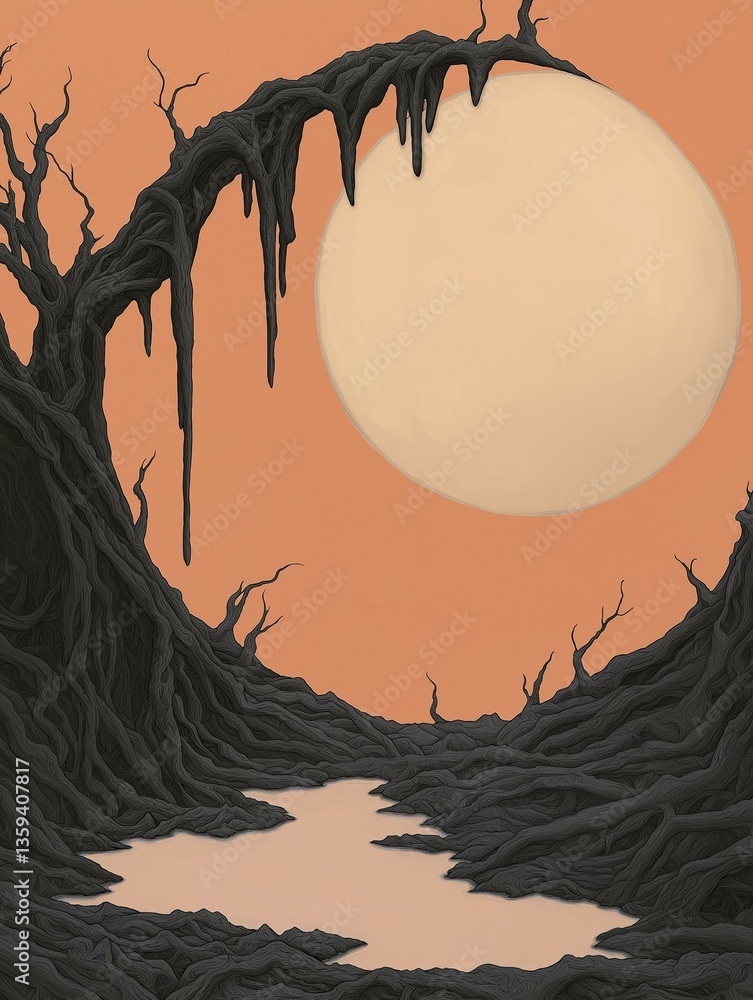 Poster illustration of a large tree with a full moon in the background. the tree has a thick trunk and bran