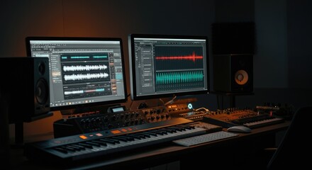 Obraz premium Music production studio with synthesizers, speakers, and dual computer monitors