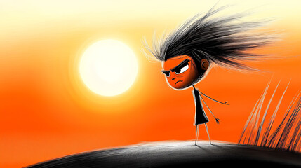 Angry child standing against sunset background