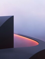 Digital art piece that appears to be a photograph of a modern architectural structure. the background is a gradient of blue and purple, with a hint of pink and orange.
