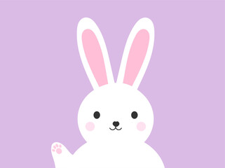 Easter bunny with paw up. Cute white bunny on purple pastel background. Happy Easter card. Vector illustration.