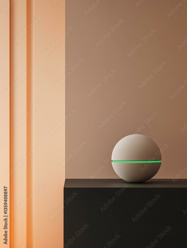 Poster white spherical object on a black surface against a beige wall. the object appears to be a speaker o