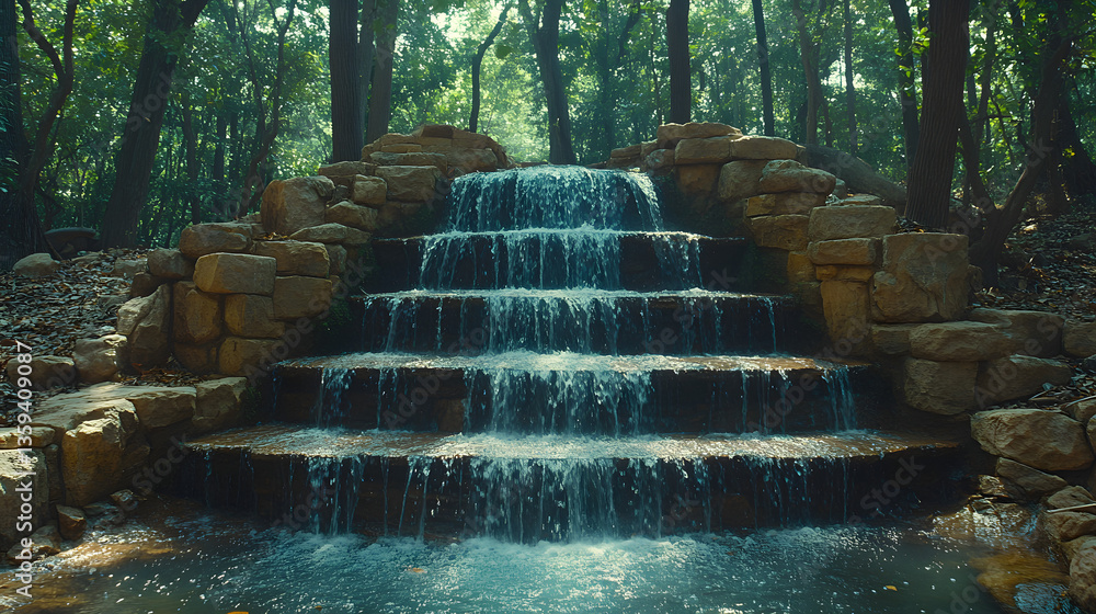Poster serene cascade: a beautifully designed stone structure houses a tiered waterfall, the water cascadin
