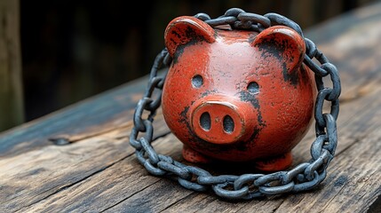 Naklejka premium A red ceramic piggy bank is surrounded by a heavy chain
