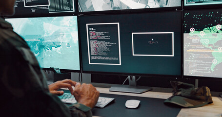Person, army and typing on computer screen in control room, military battle and monitoring war....