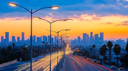 City skyline illuminated at sunset with long exposure traffic lights