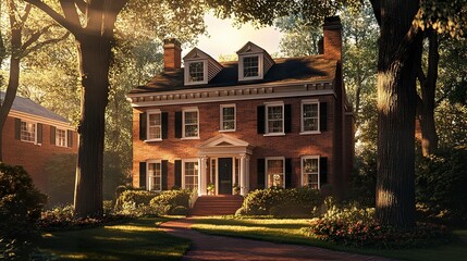 Colonial-style home bathed in the soft glow of sunset, warm hues on red brick exterior, tall trees casting long shadows 