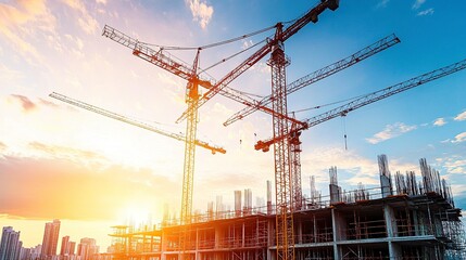 Construction site with multiple cranes working on a high-rise apartment building, Miami's downtown skyline visible in the background, soft sunset glow, wide lens 