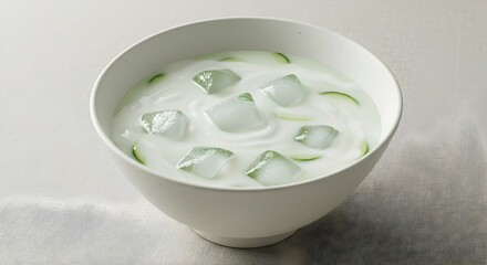 Refreshing Cucumber Yogurt Soup In White Bowl