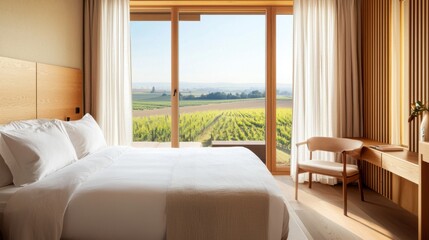 Obraz premium Hotel suite in ochre and linen, panoramic window with vineyard view, light breeze through curtains, dusk light, wood and fabric textures