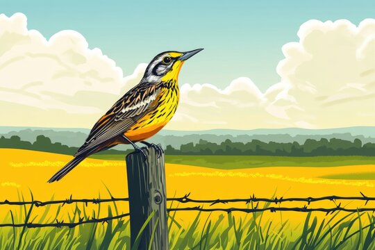 Eastern Meadowlark (Sturnella Magna) Singing on a Post in a Florida Pasture